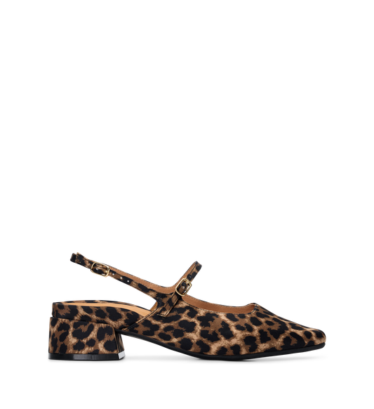 Leopard print shoe with a slingback design on a white background