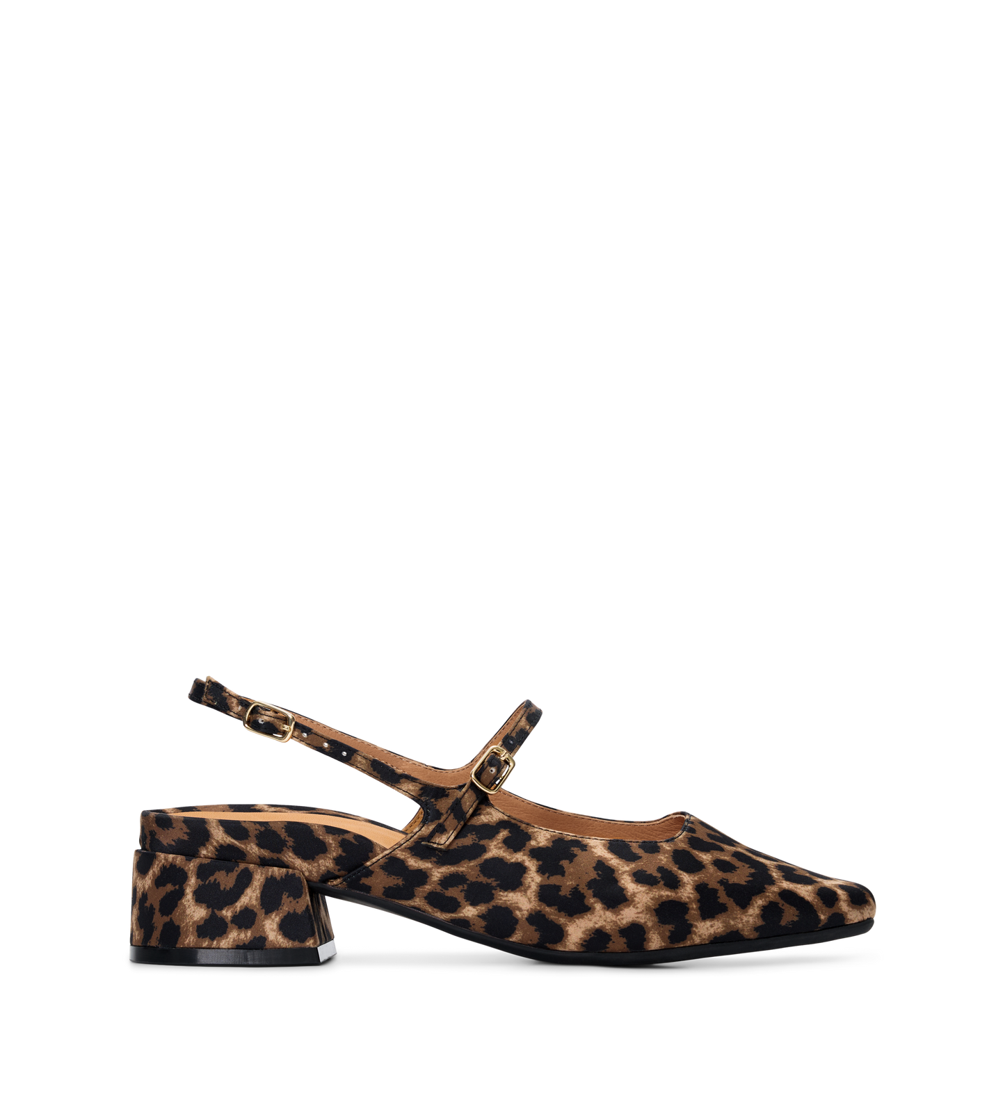 Leopard print shoe with a slingback design on a white background