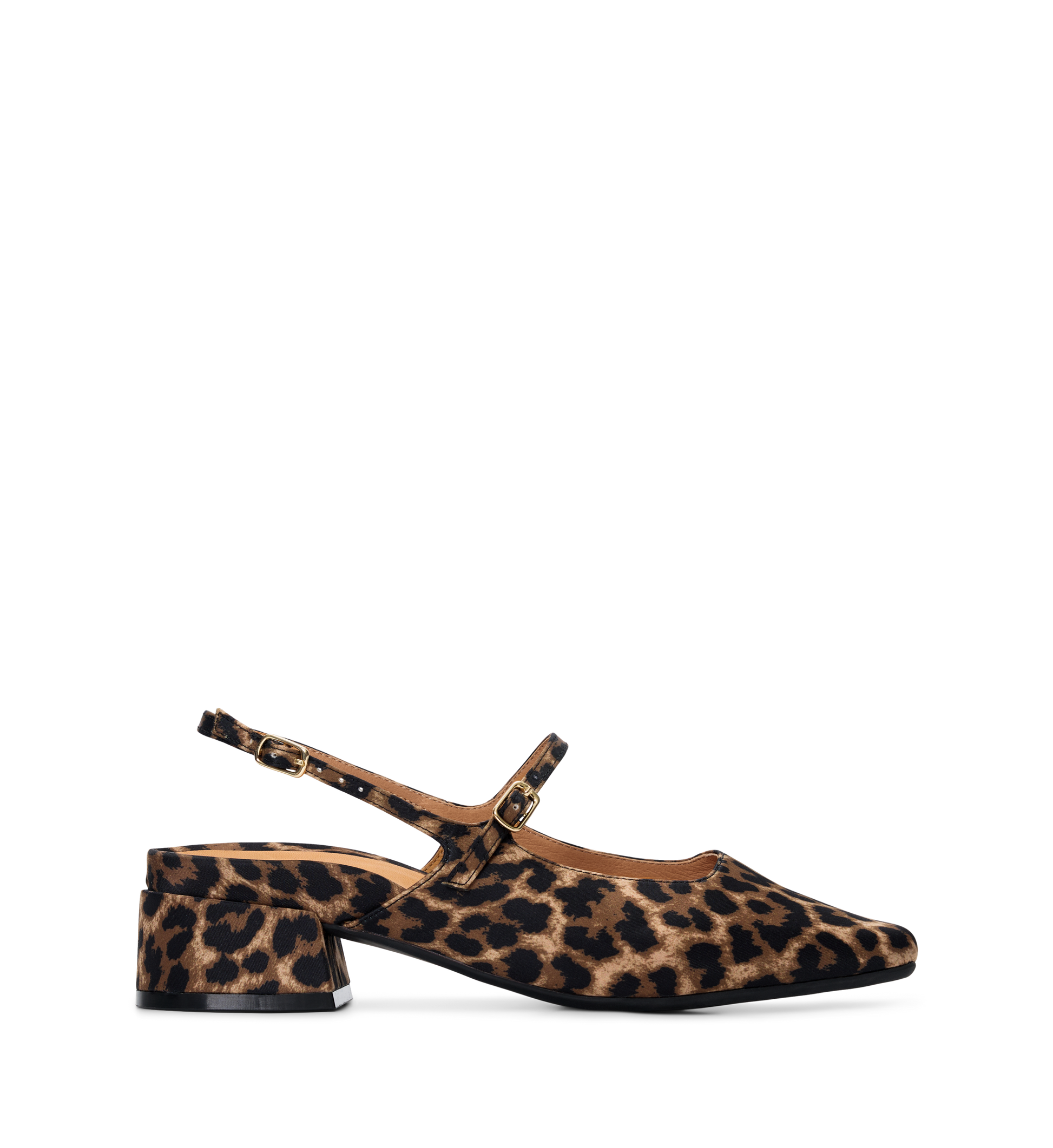 Leopard print shoe with a slingback design on a white background