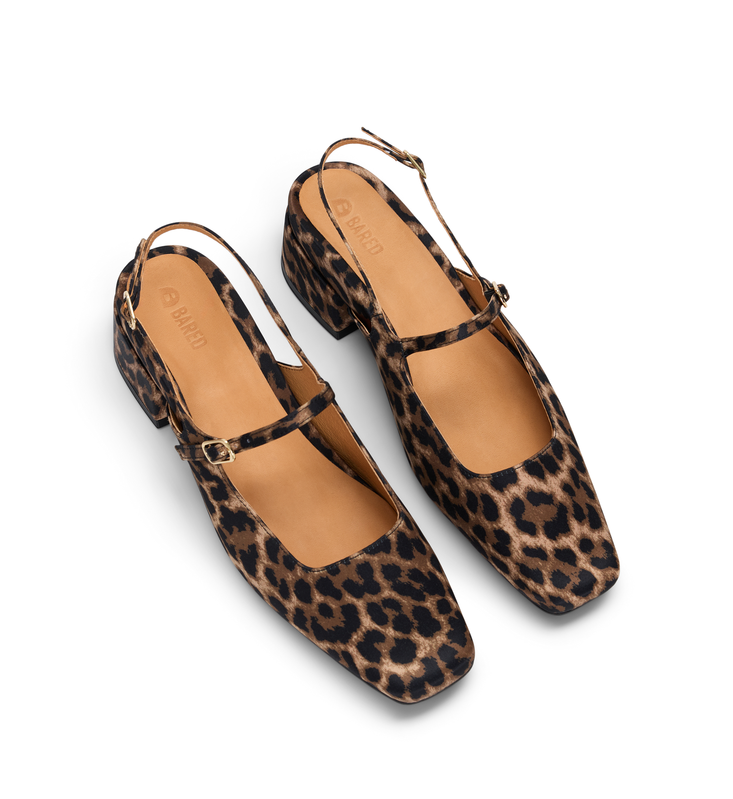 Leopard print slingback shoes on a white background