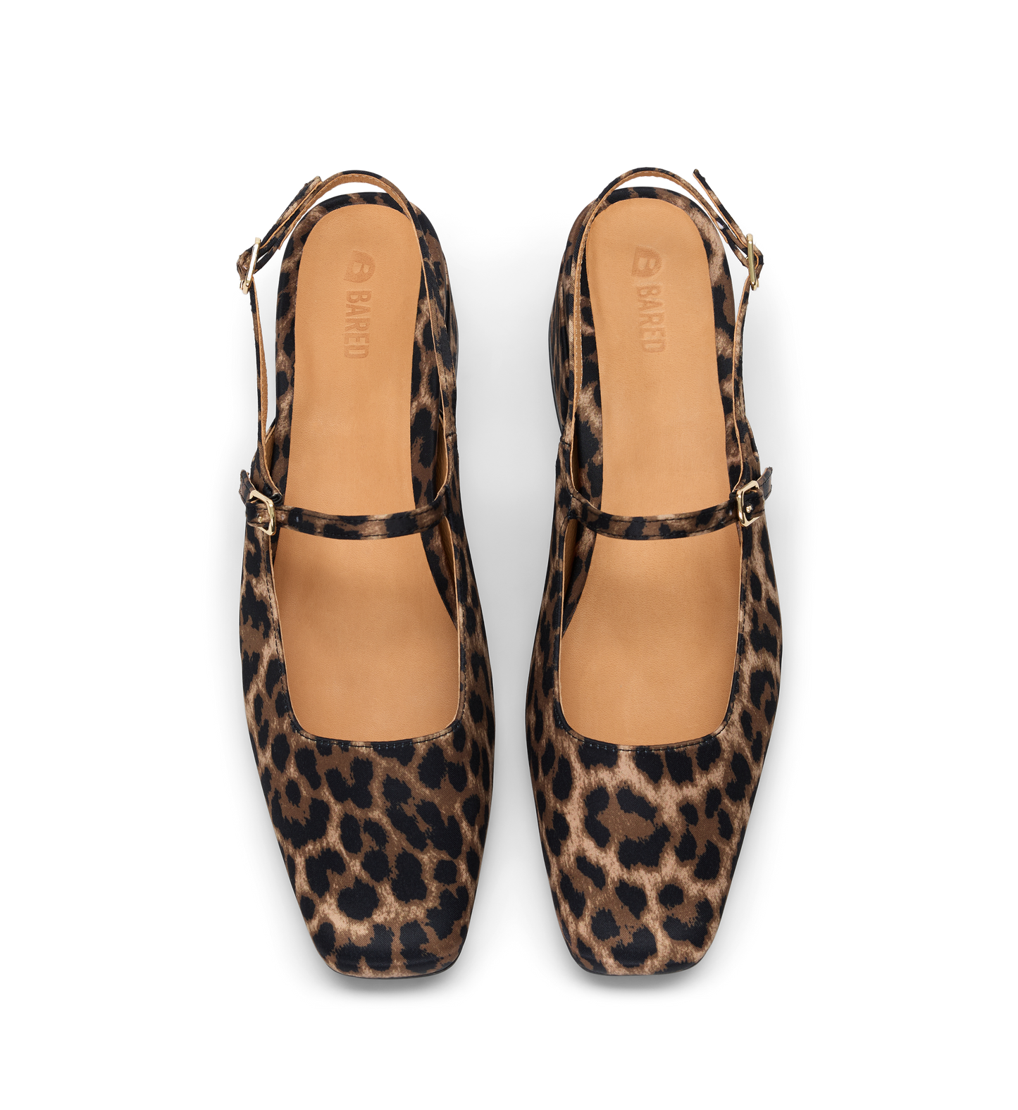 Pair of leopard print slingback shoes on a white background