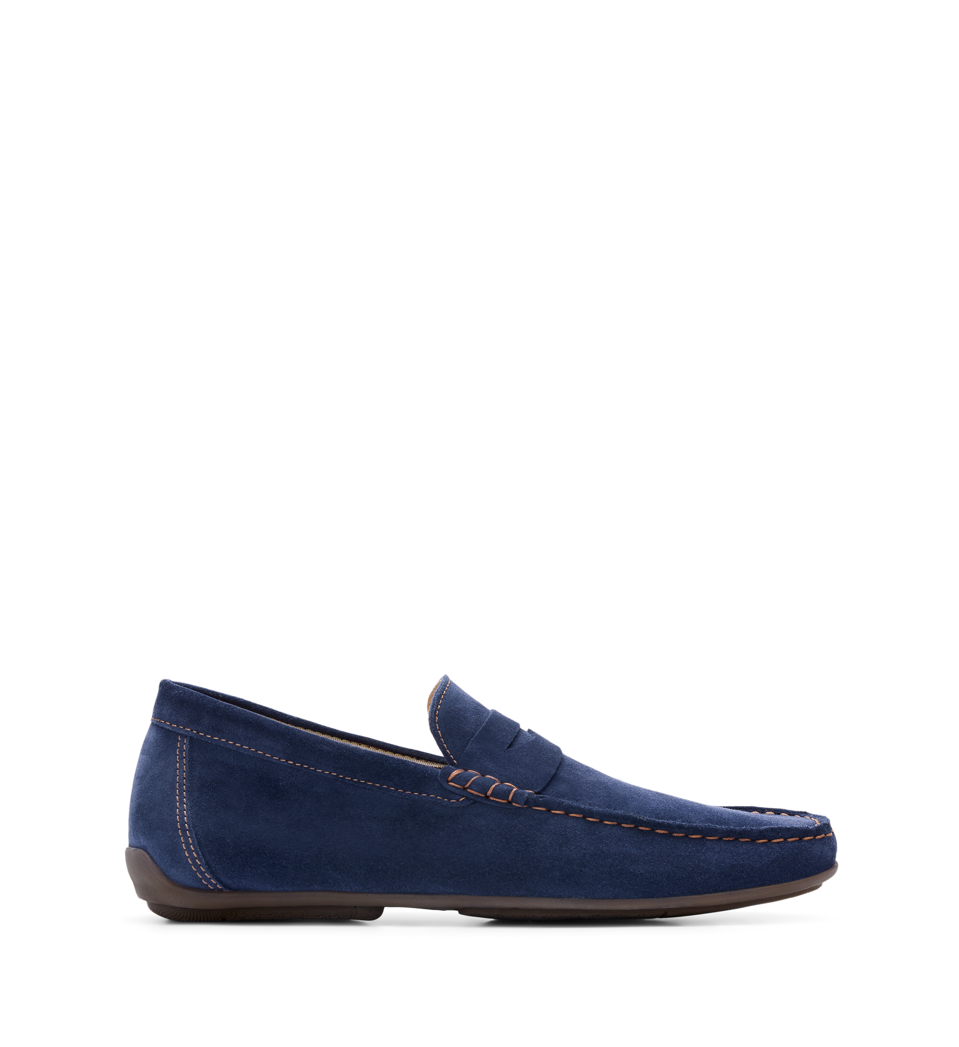 A single navy blue suede loafer with a rubber outsole and leather lining.
