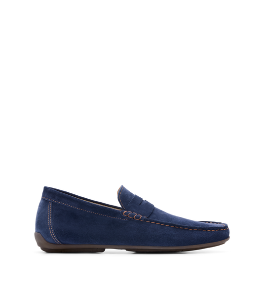 A single navy blue suede loafer with a rubber outsole and leather lining.