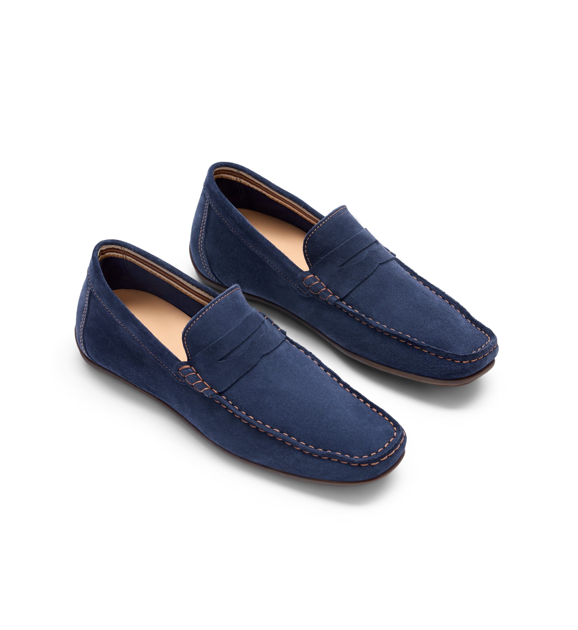 pair of mens navy suede loafers with constrast stitching