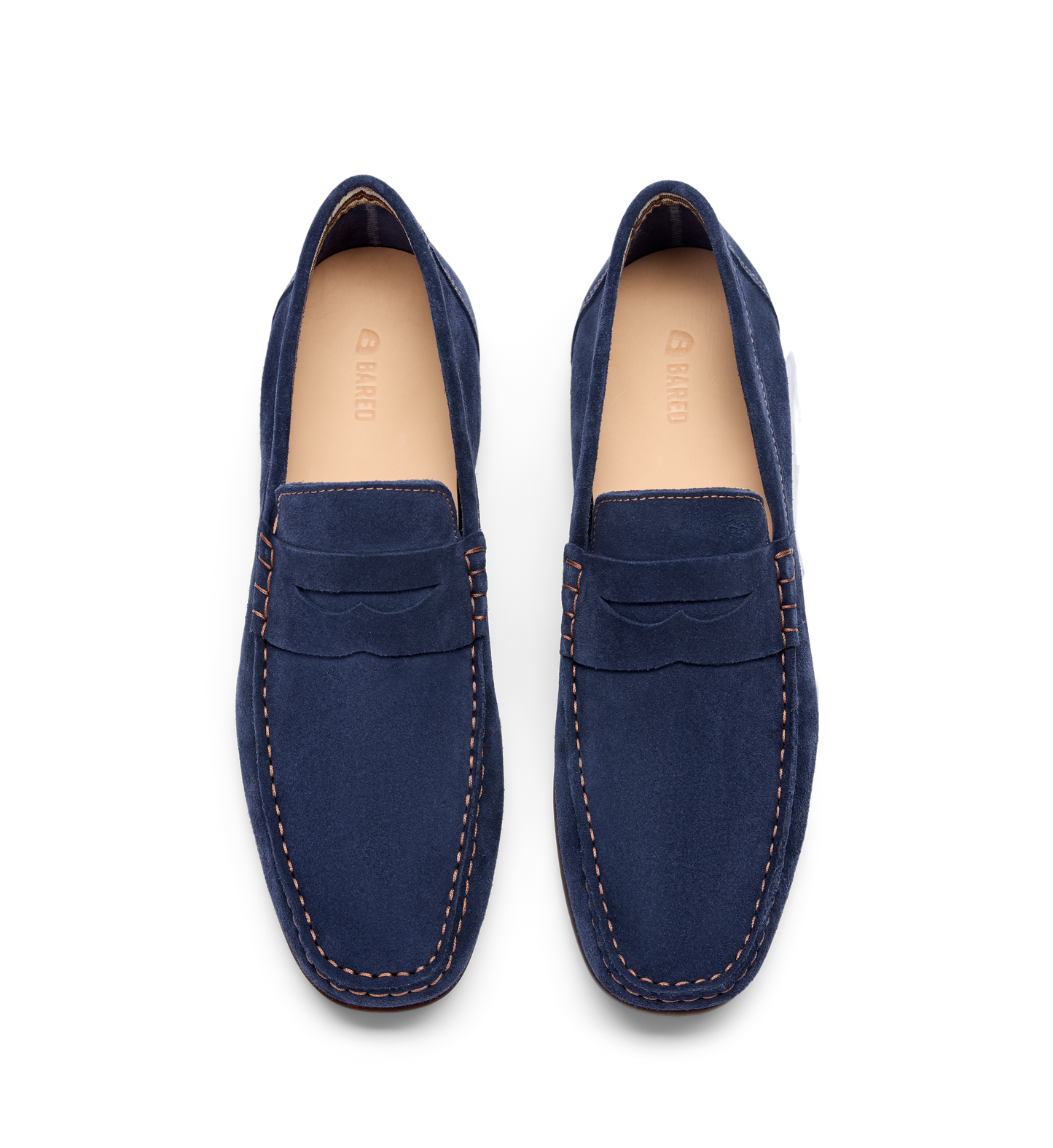 pair of mens suede navy loafers from the top down