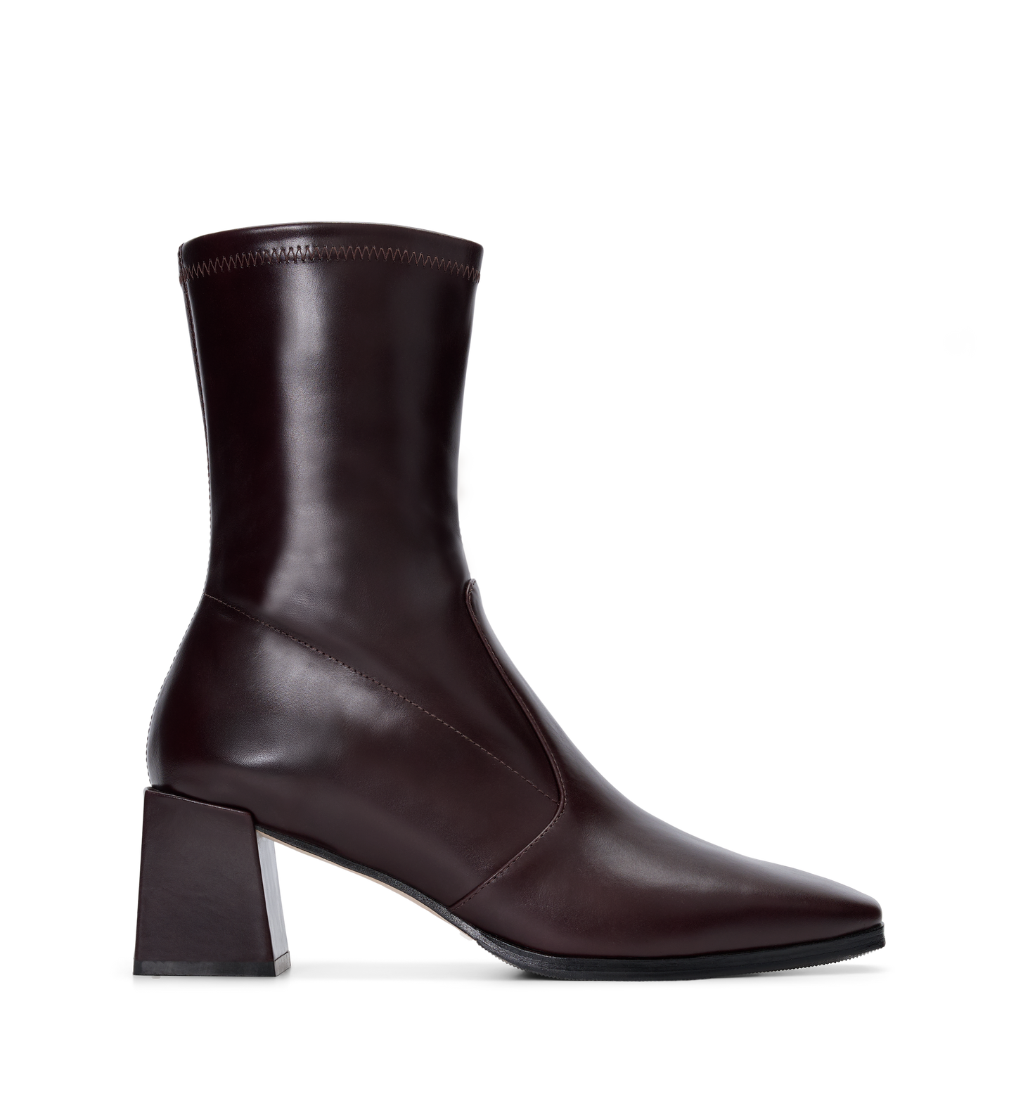 Brown leather ankle boot with a block heel on a white background