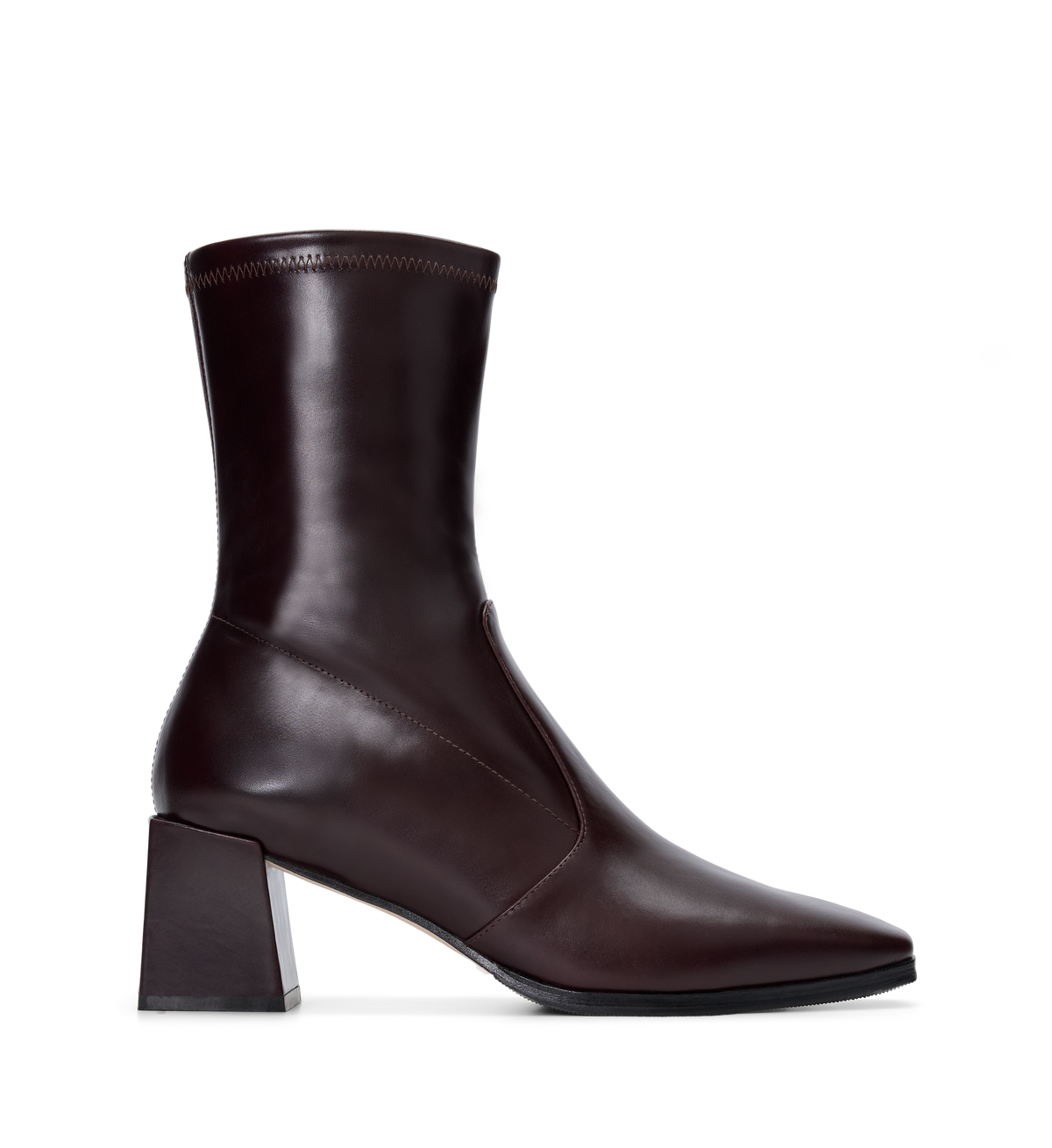 Brown leather ankle boot with a block heel on a white background