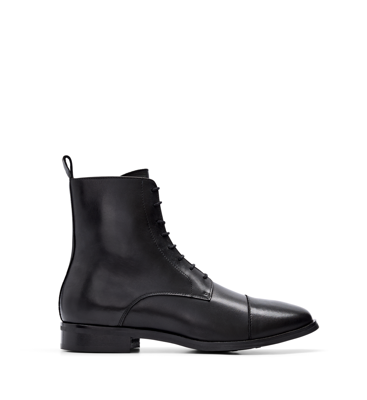 A black leather men's boot with a lace-up front, almond toe shape, and a low heel.
