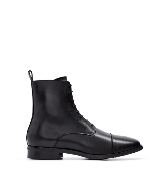 A black leather men's boot with a lace-up front, almond toe shape, and a low heel.