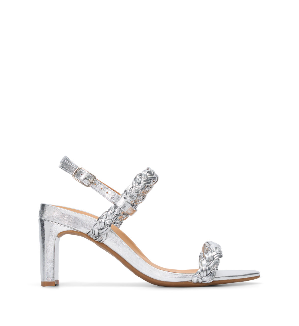 Silver high-heels with braided design on a white background