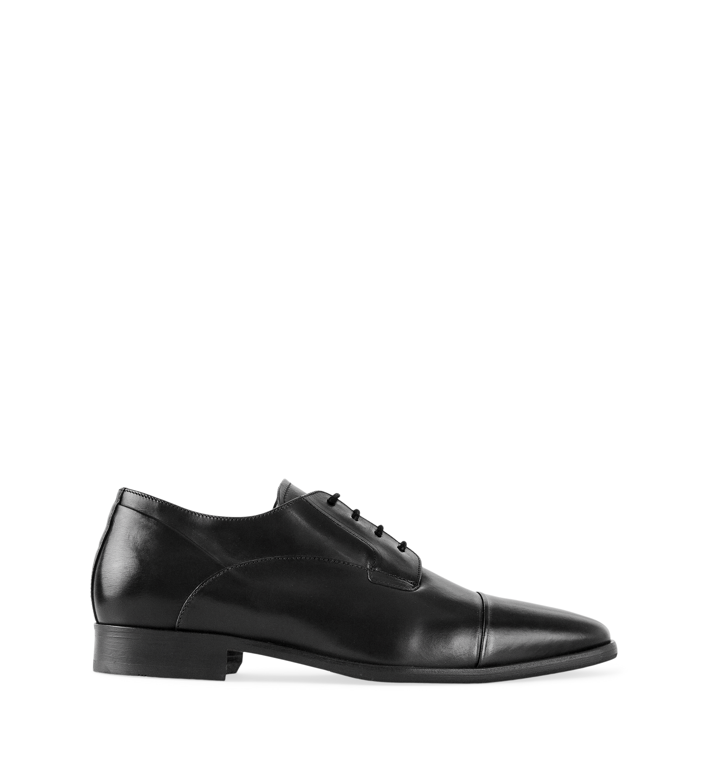 A black leather lace-up dress shoe for men.