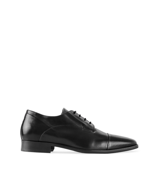 A black leather lace-up dress shoe for men.