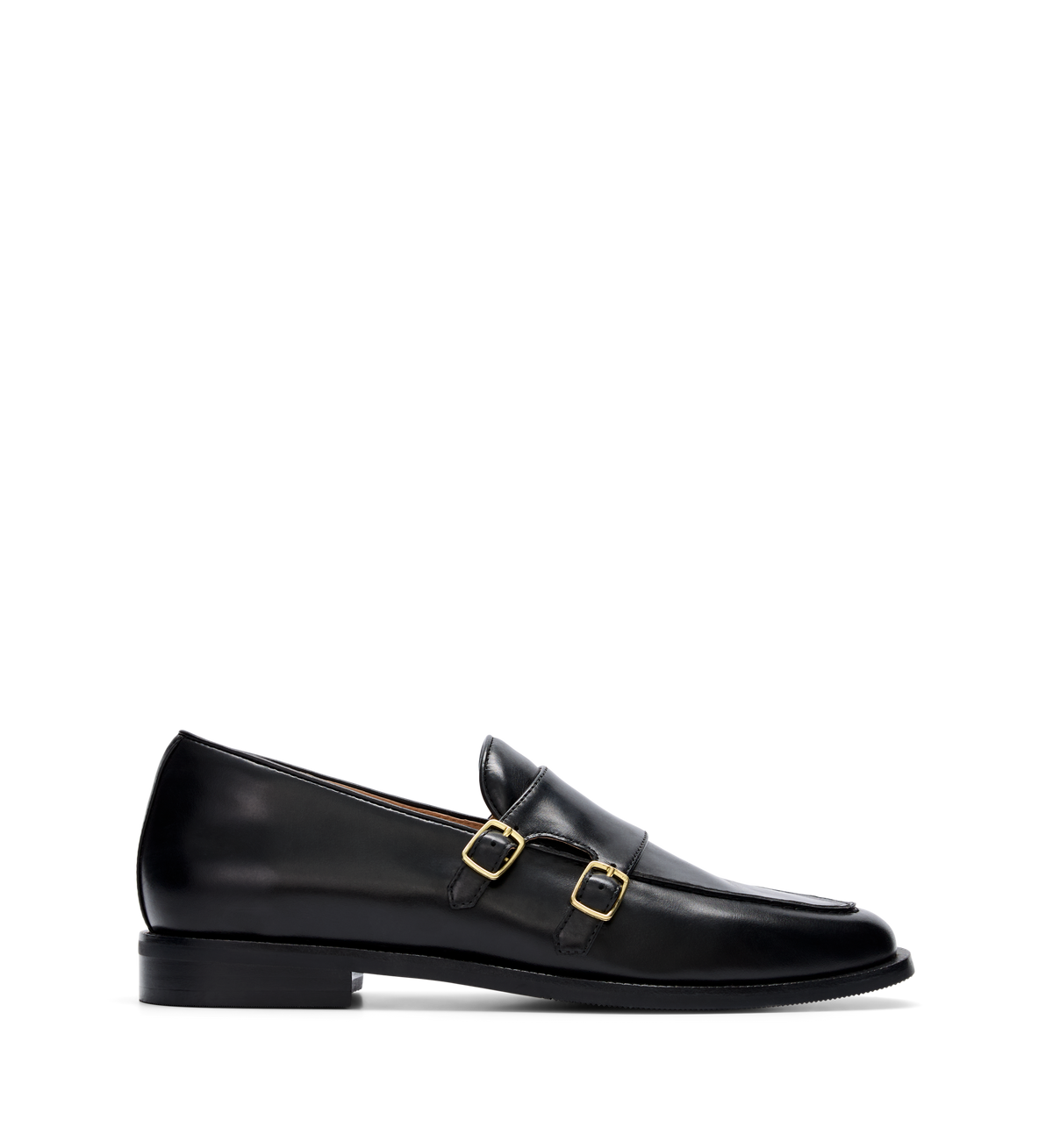 A womens black leather monk shoe with a double strap and gold hardware.