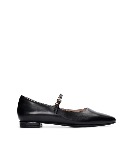 A single black leather ballet flat with a Mary Jane strap and a round toe.