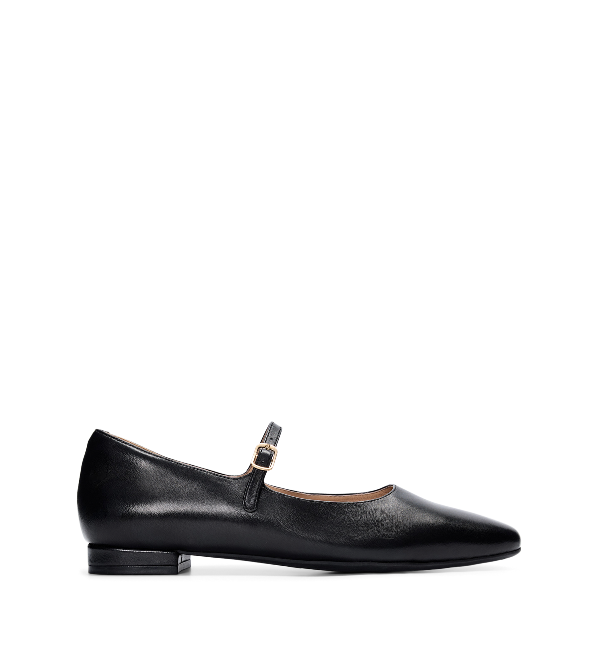A single black leather ballet flat with a Mary Jane strap and a round toe.