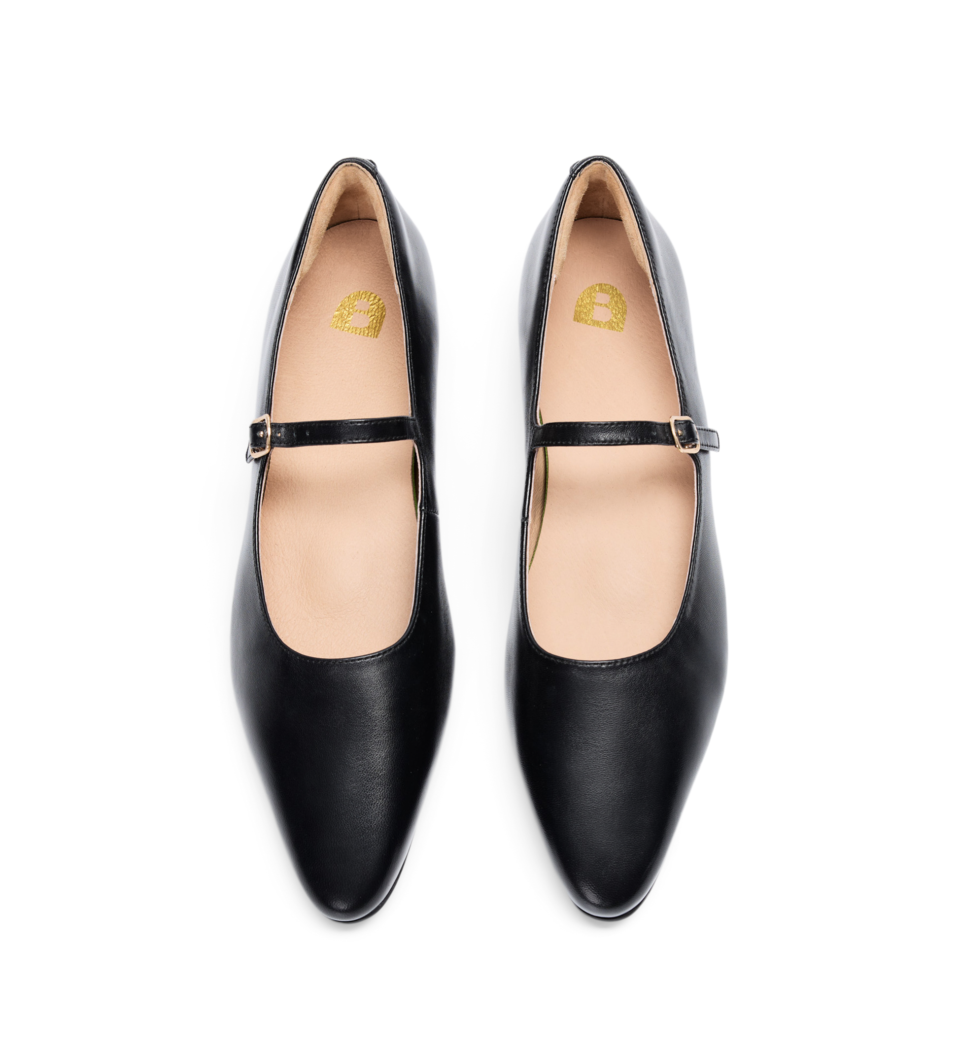 pair of womens round toe black ballet flats with strap