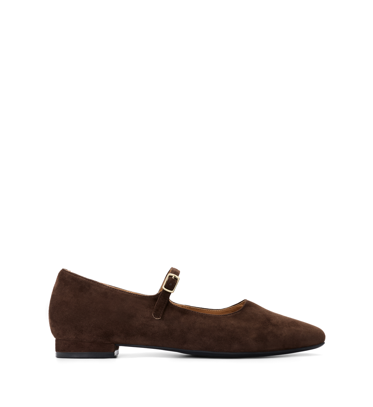Brown suede flat shoe with a strap on a white background