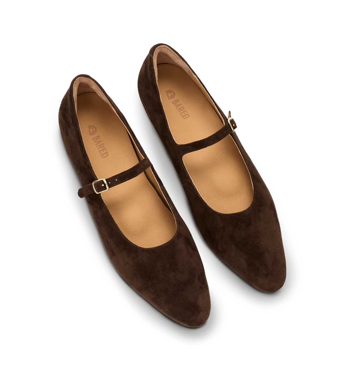Pair of brown suede ballet flats with a strap on a white background