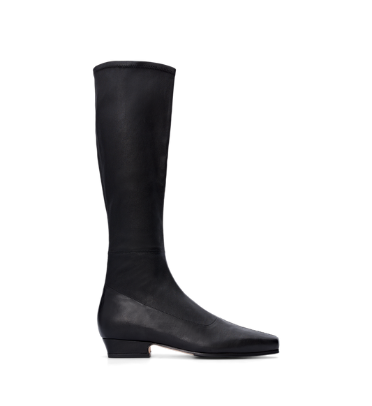 A single black stretch leather knee-high boot with a sleek design, featuring a square toe and side zip closure.