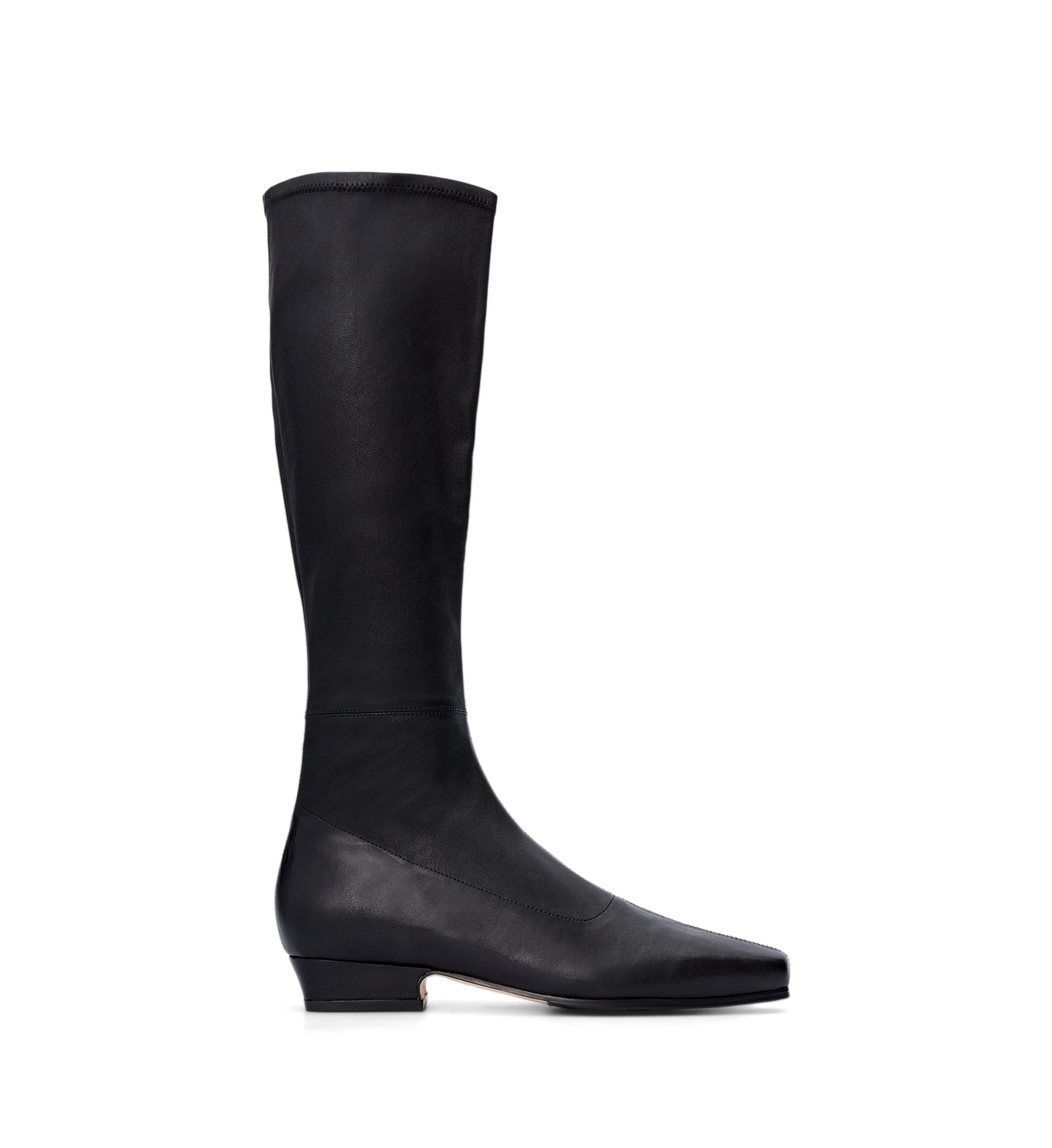 A single black stretch leather knee-high boot with a sleek design, featuring a square toe and side zip closure.