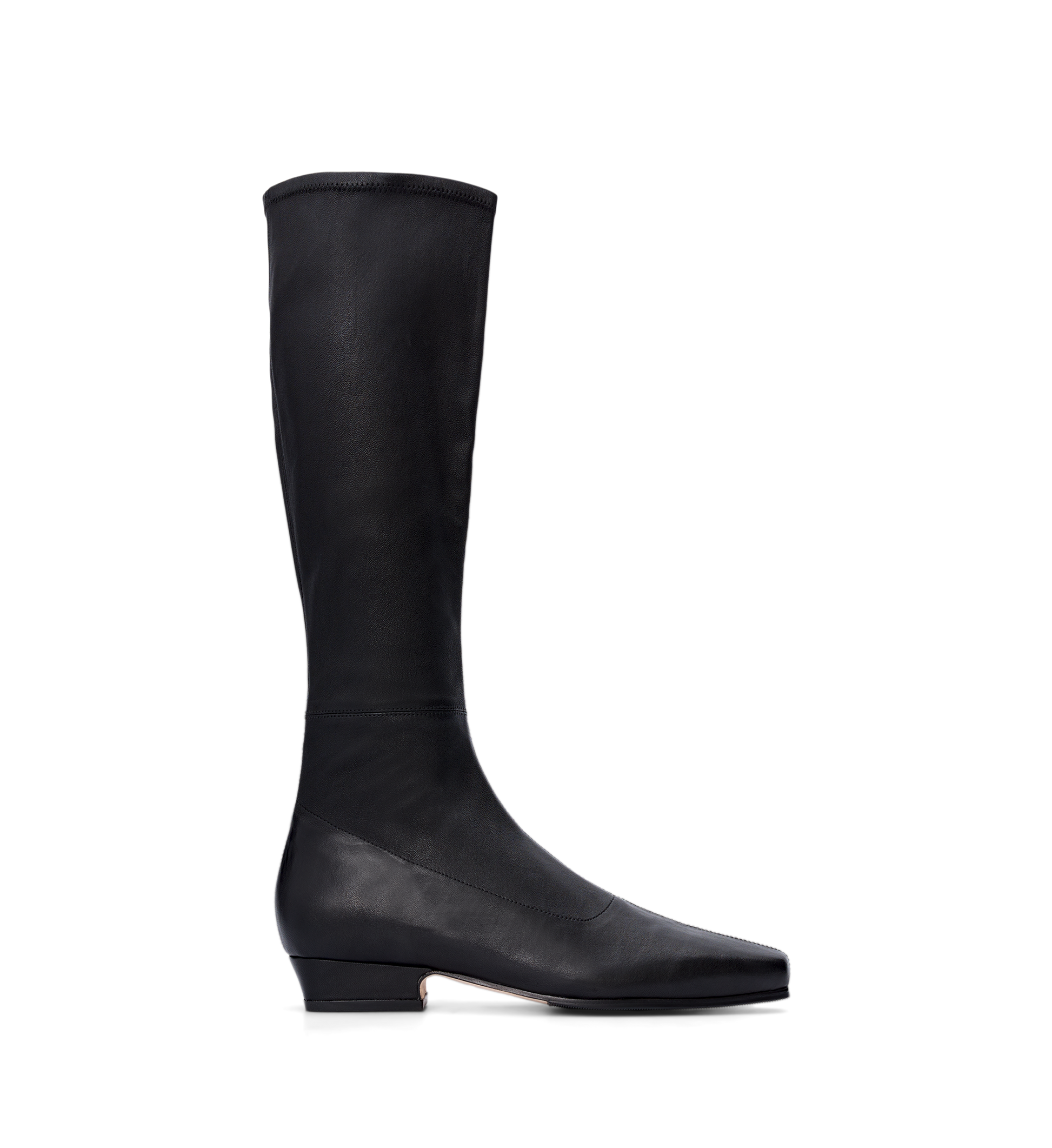 A single black stretch leather knee-high boot with a sleek design, featuring a square toe and side zip closure.