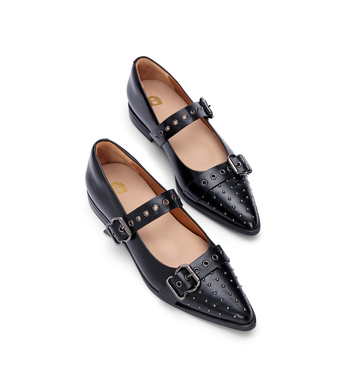 Rissa Black Leather & Hardware Flats