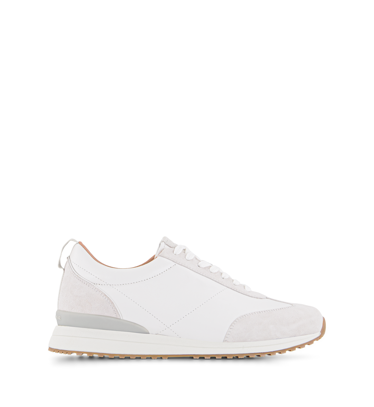 A white leather sneaker with lace-up closure and a flat heel.