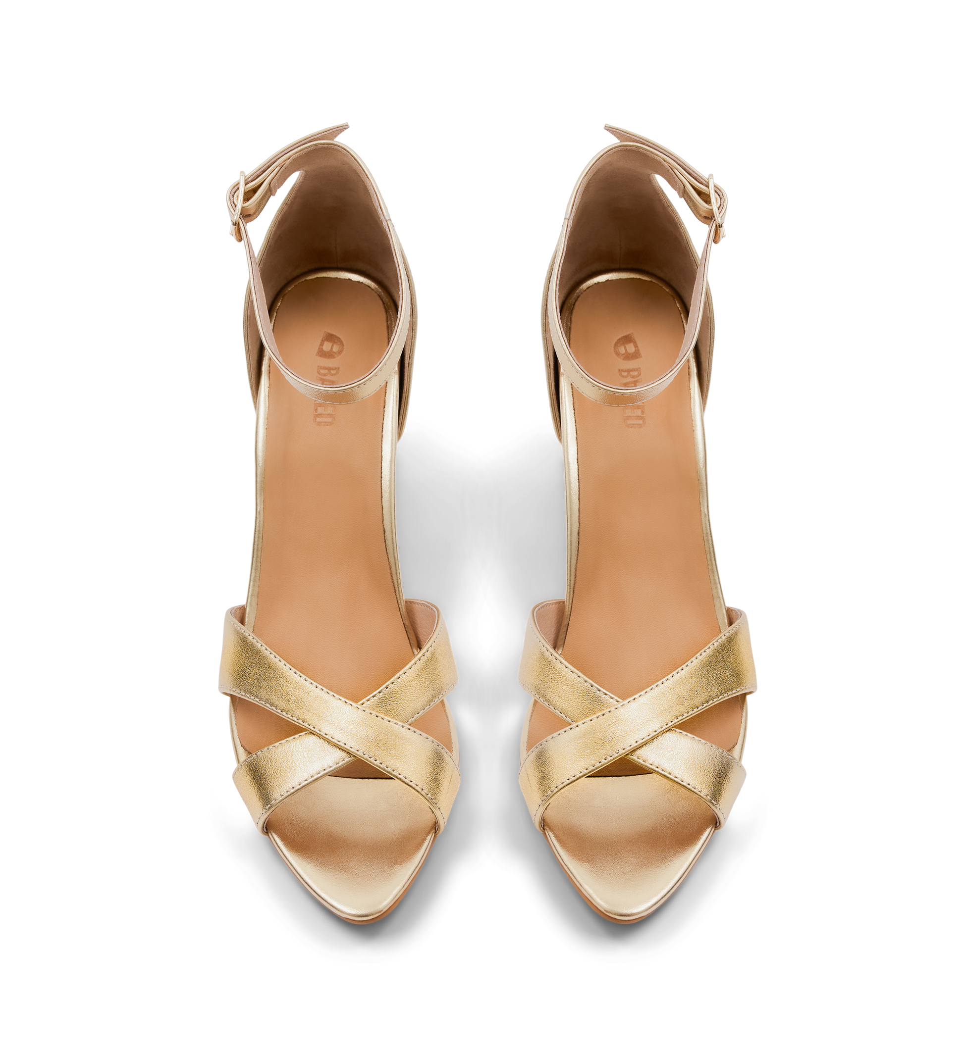 Gold high-heels on a white background