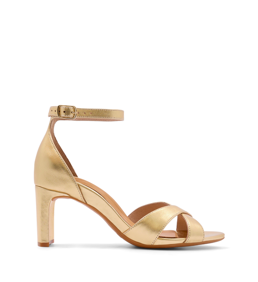 Gold high-heels on a white background