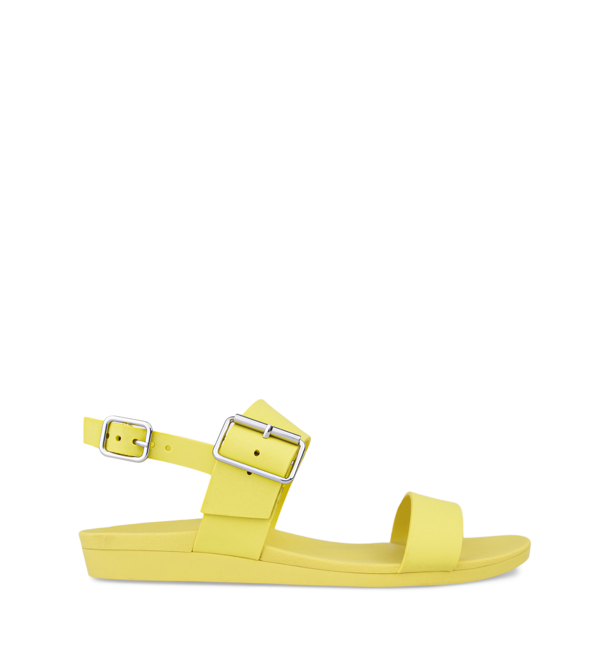 A pair of citrus yellow rubber sandals with buckle straps and a contoured footbed.