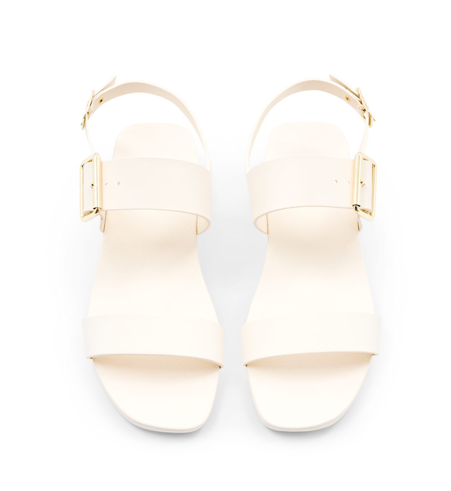 white vegan sandals with gold buckles