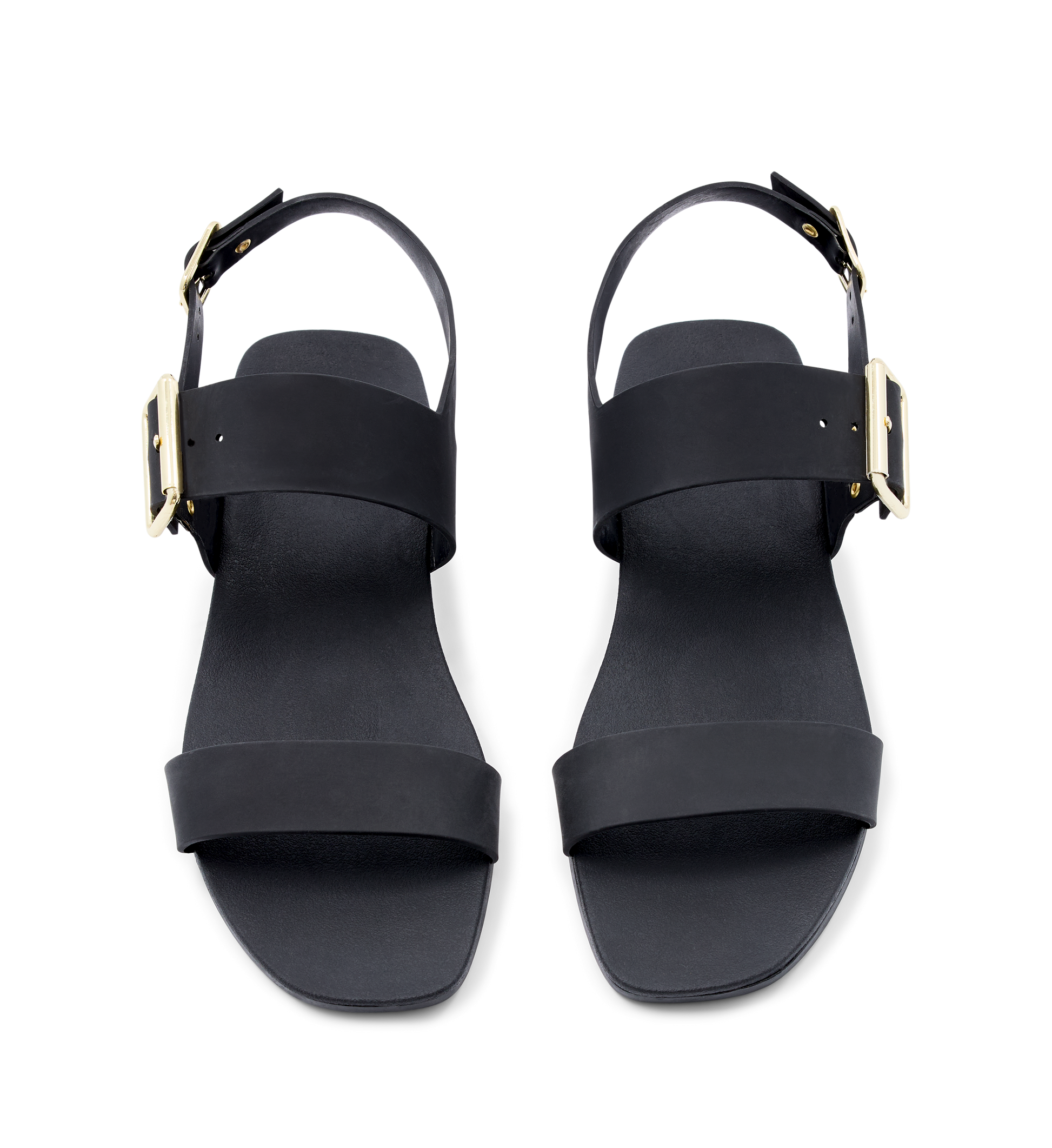 Black vegan sandals with gold hardware