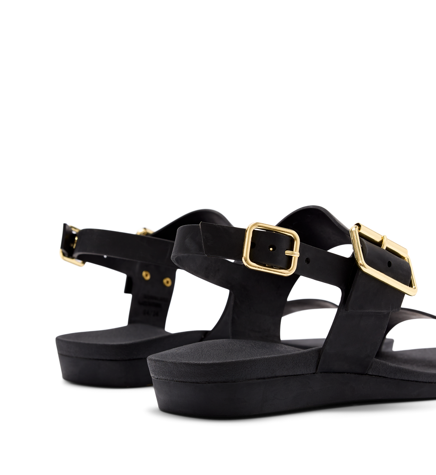 black sandals with gold buckles