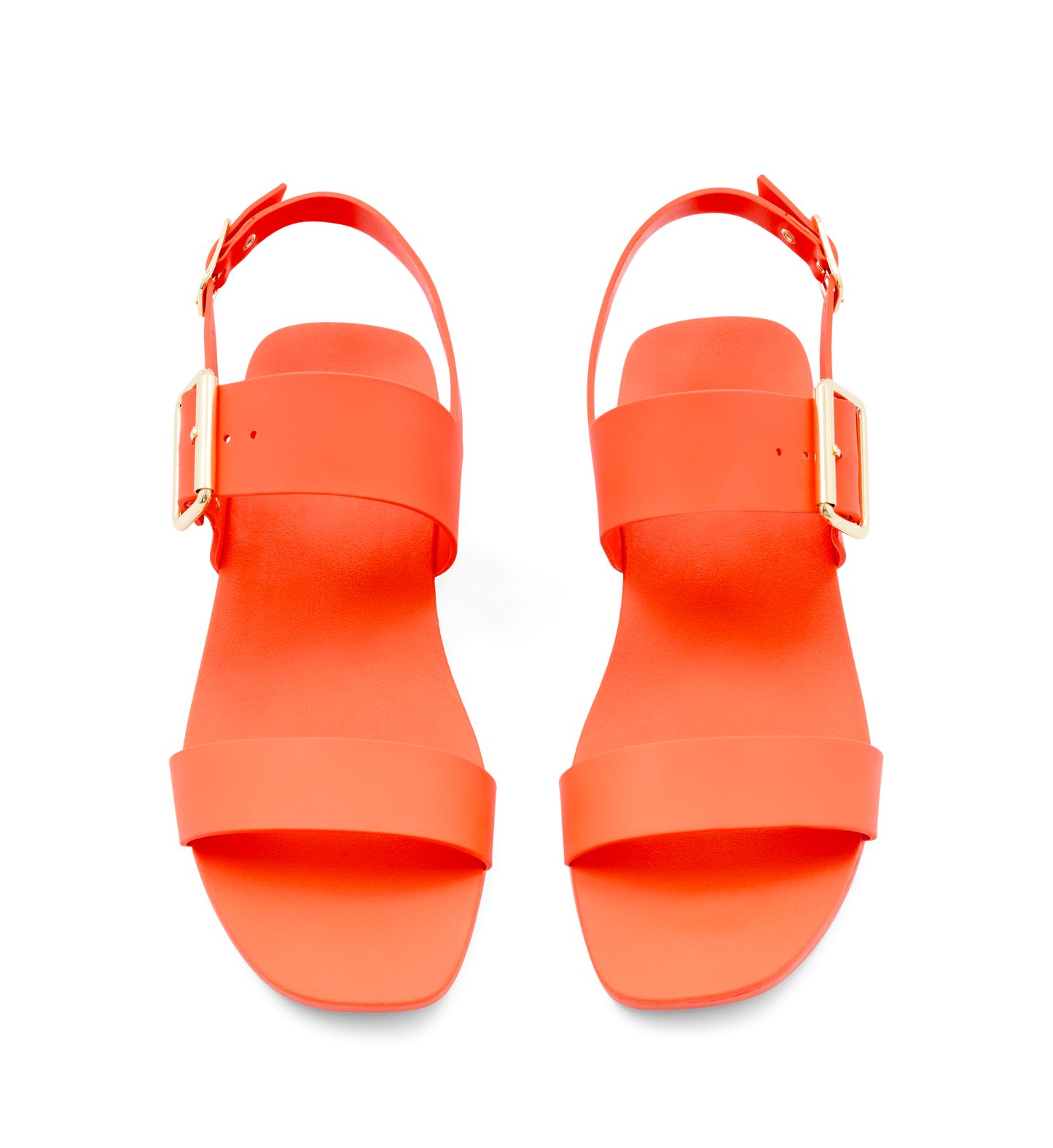 orange rubber sandals with gold buckles