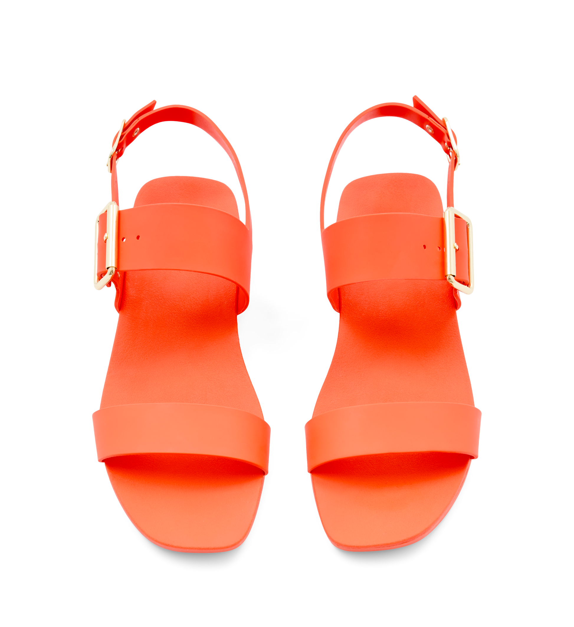 orange rubber sandals with gold buckles