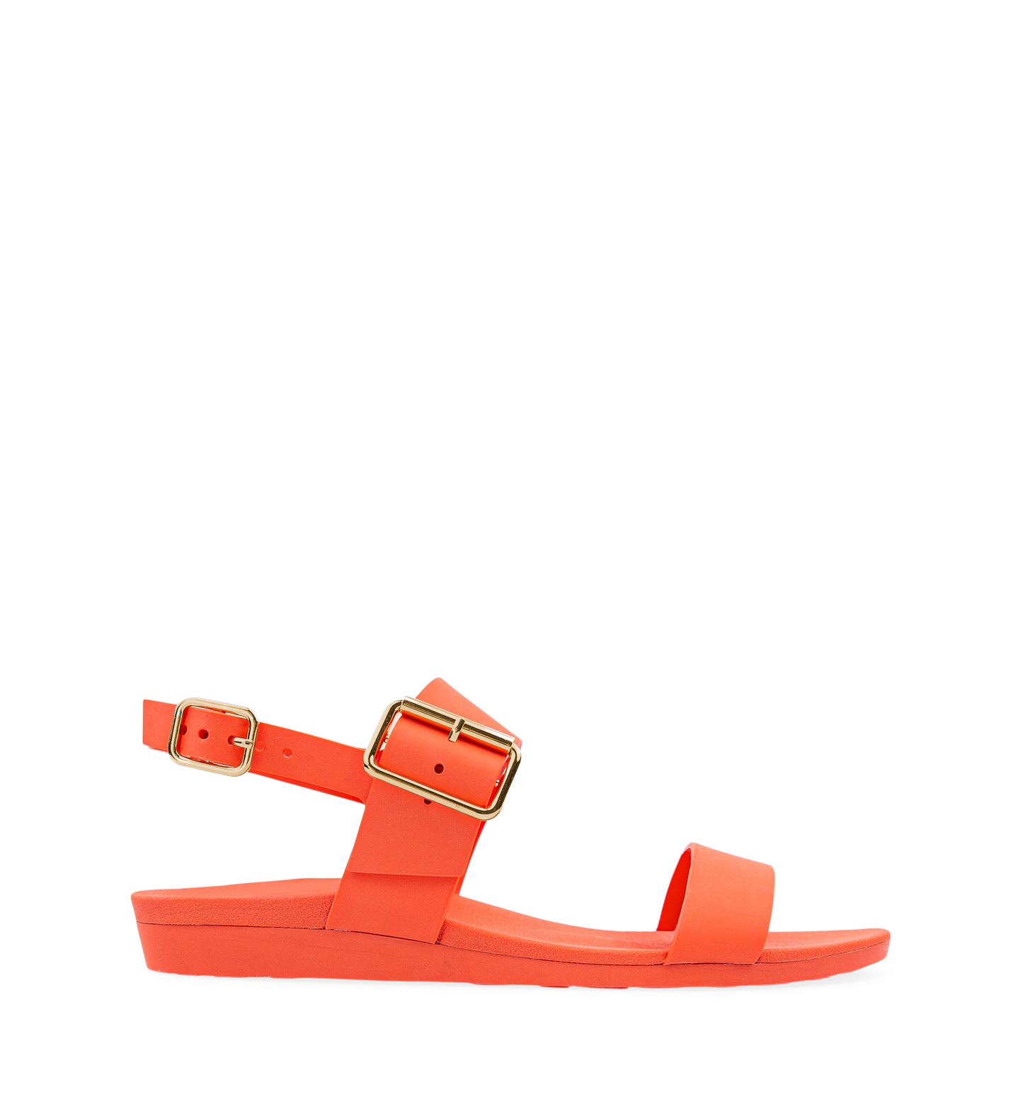 A pair of flat sandals in orange with buckle straps and a contoured footbed.