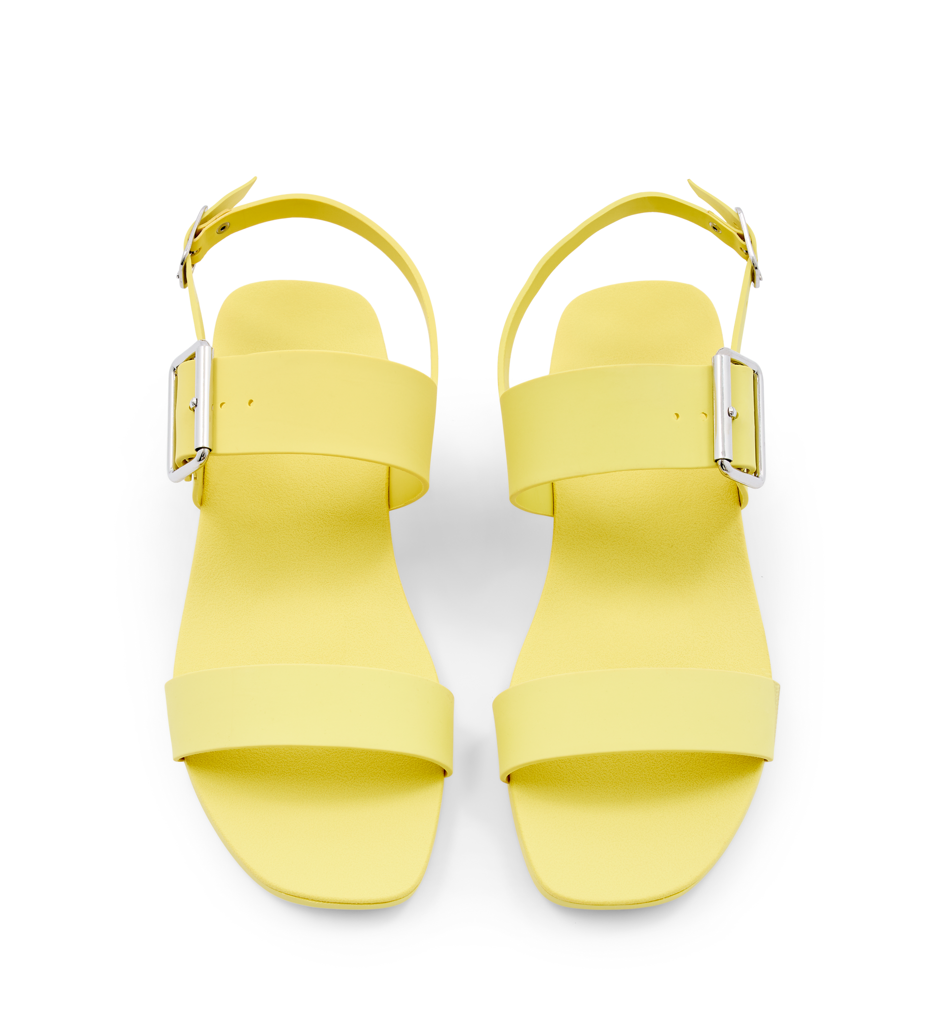 bright yellow rubber sandals with silver buckles