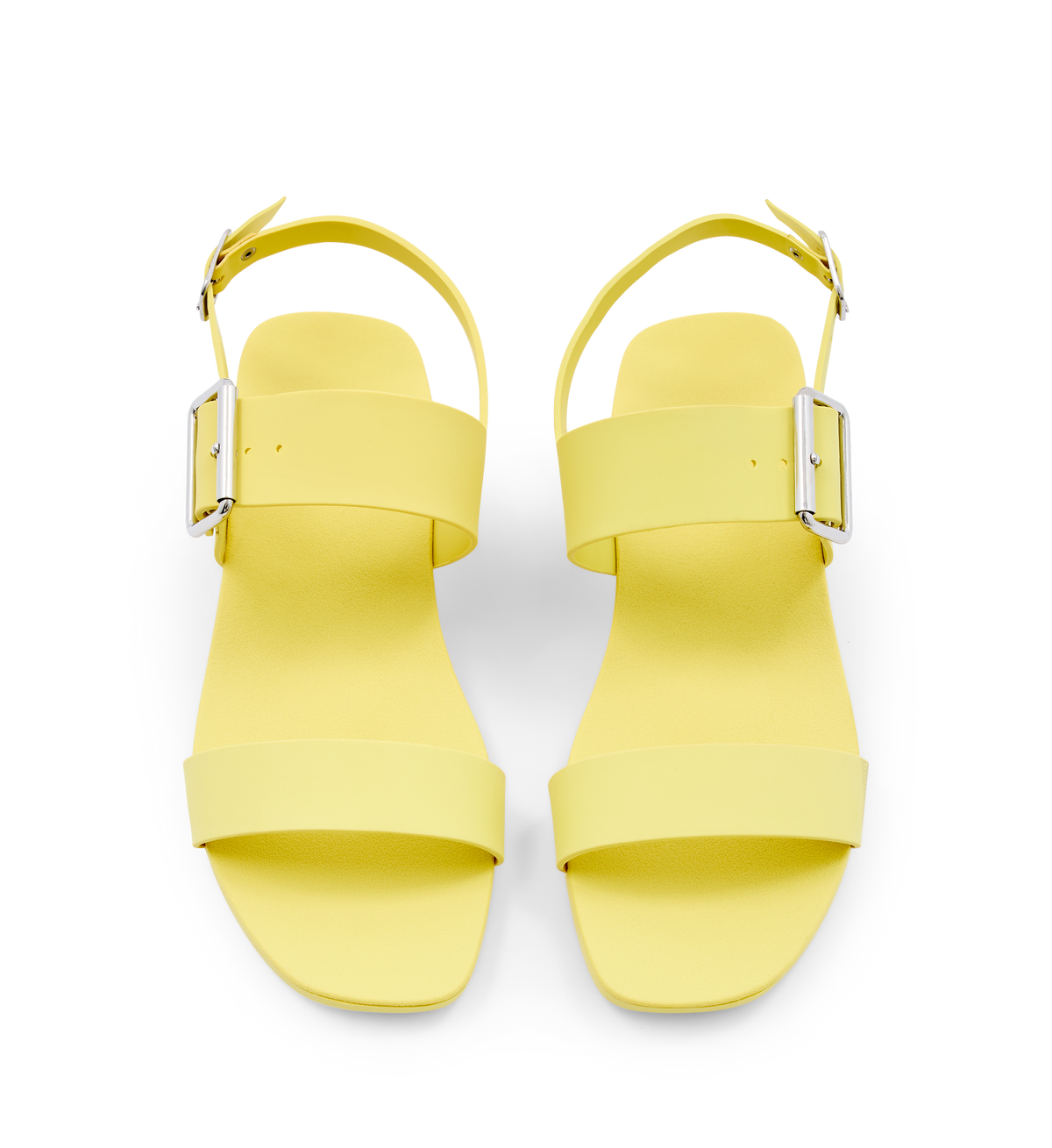 bright yellow rubber sandals with silver buckles