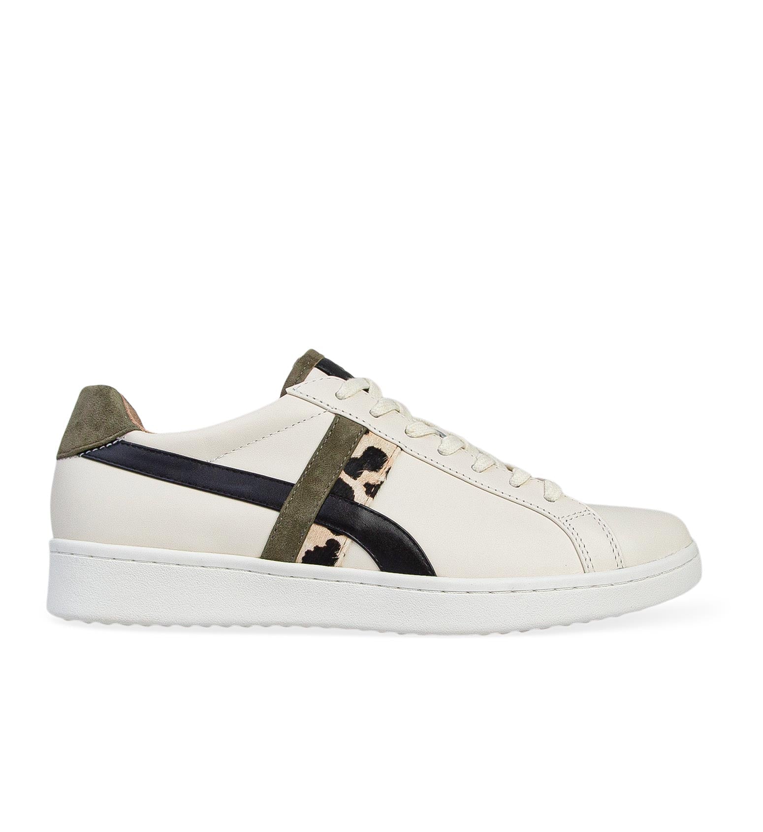 women's ecru leather sneaker with black and leopard print detailing