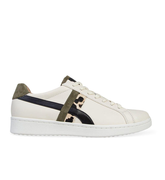 women's ecru leather sneaker with black and leopard print detailing