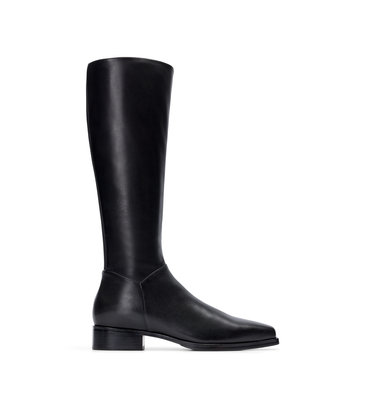 A single black leather knee-high boot with a neoprene panel and a square toe.