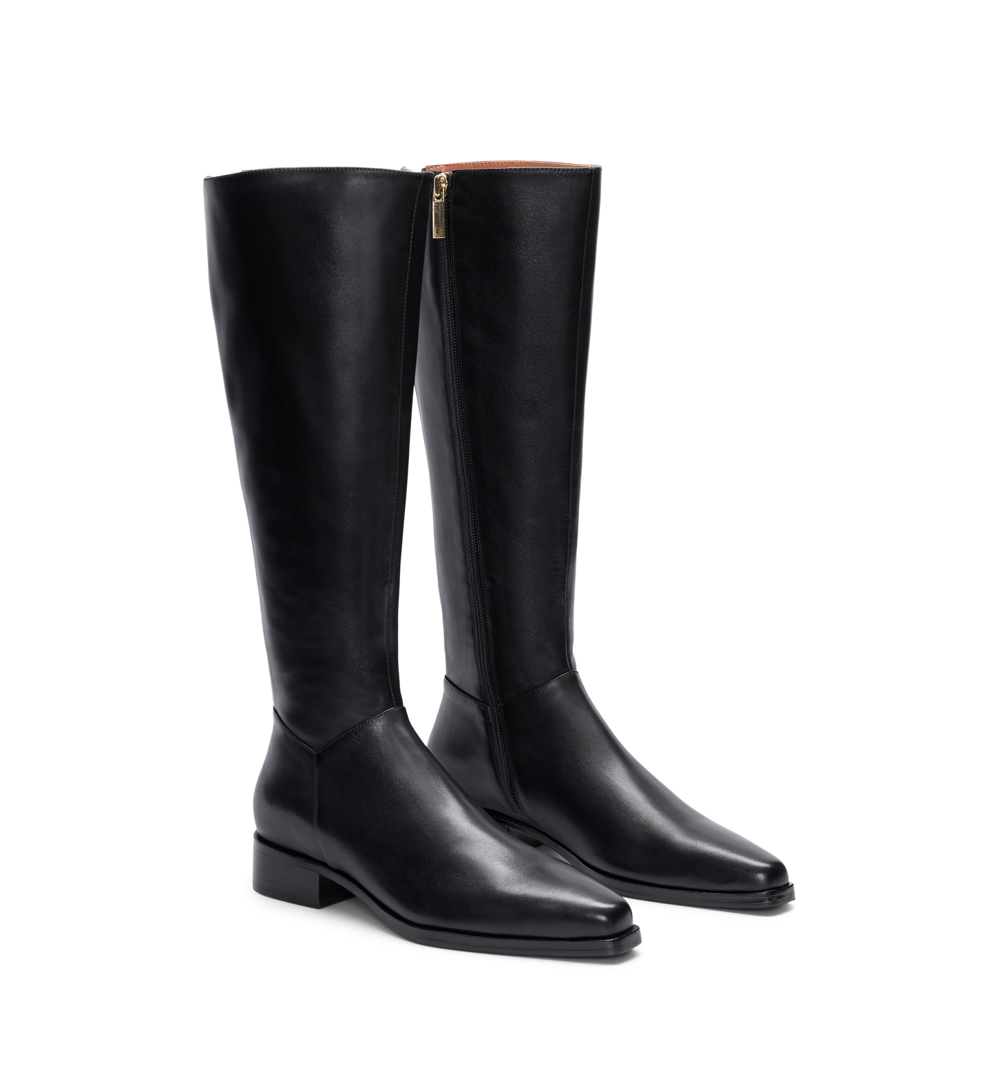 Pair of black knee high boots with zip