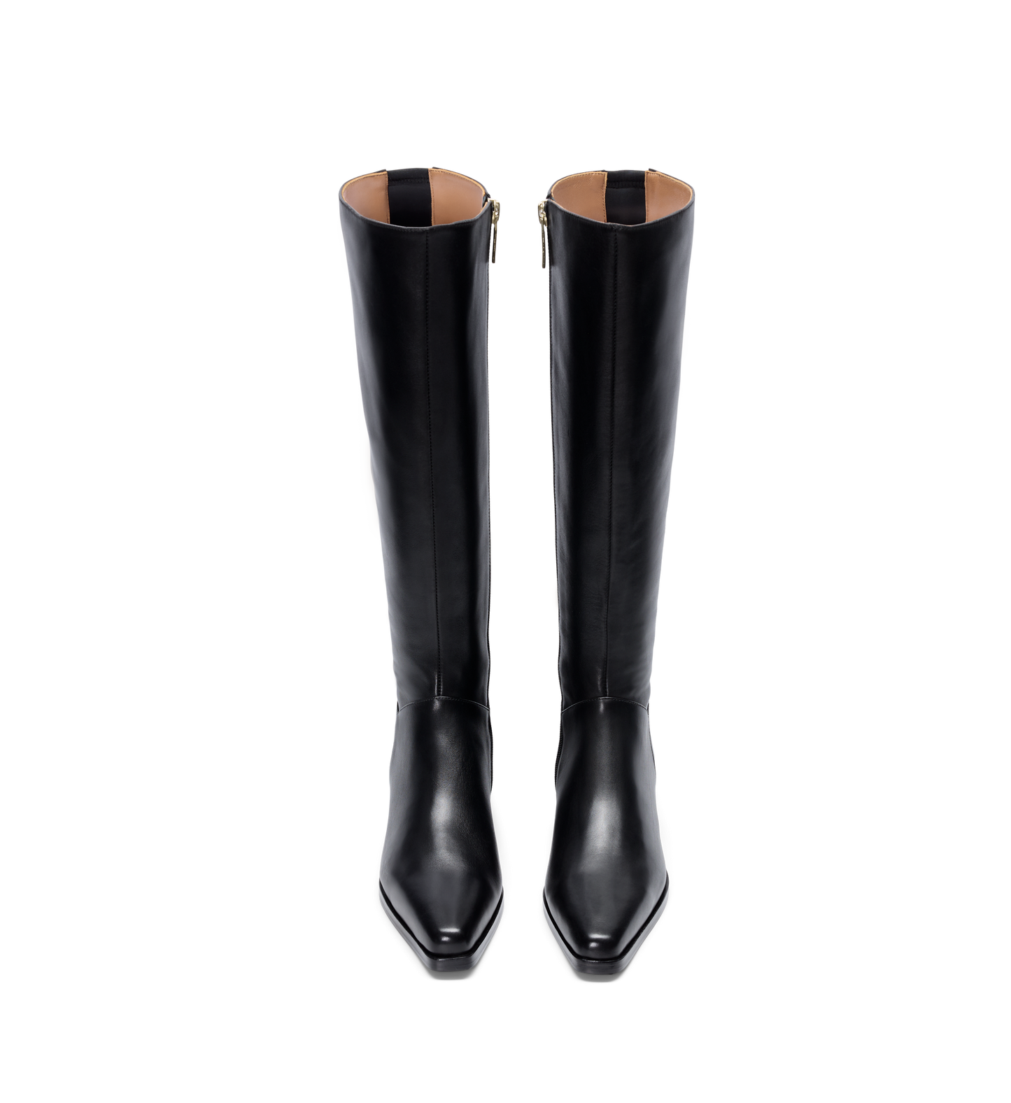 Black knee high leather boots with square toe
