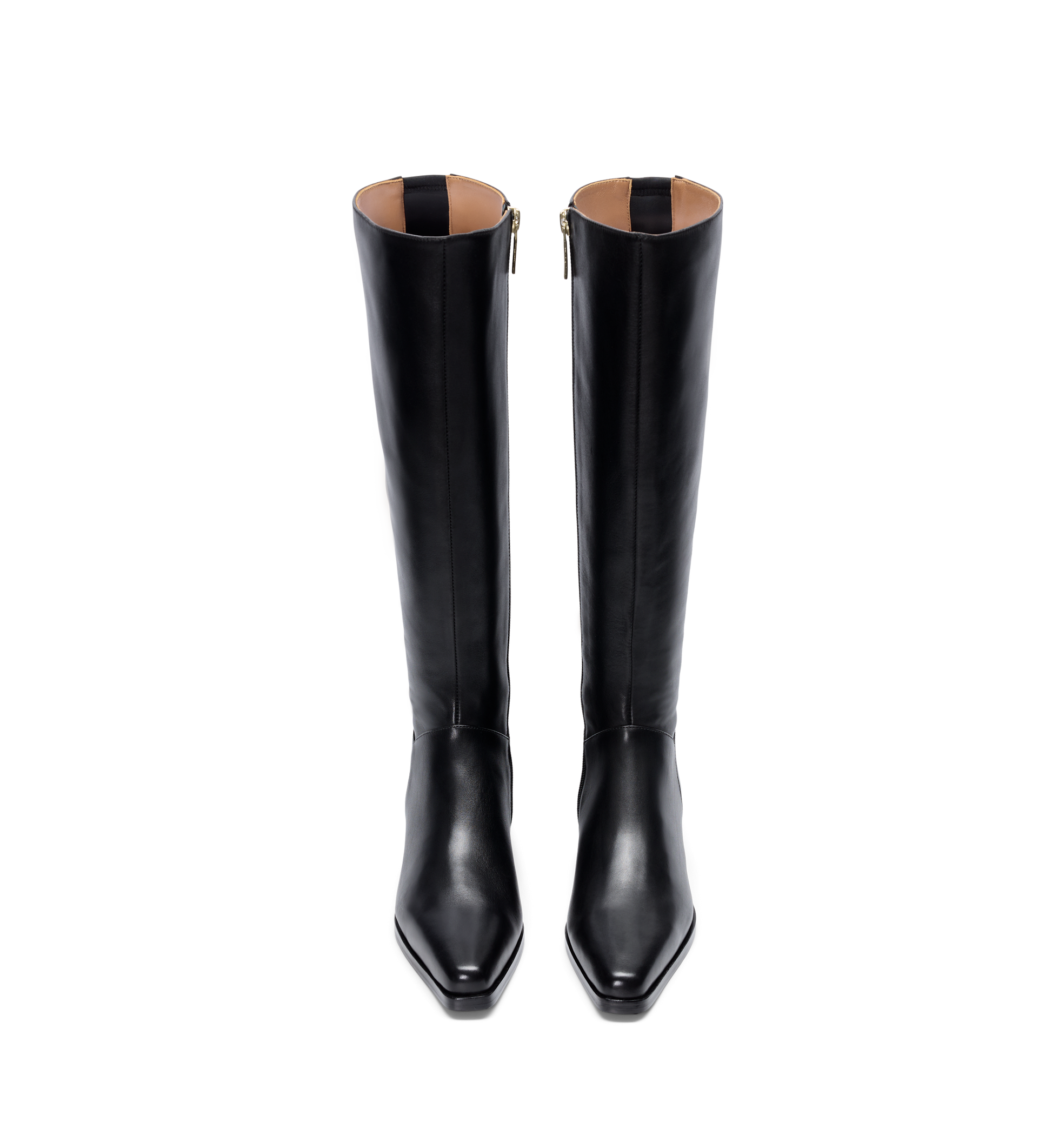 Black knee high leather boots with square toe
