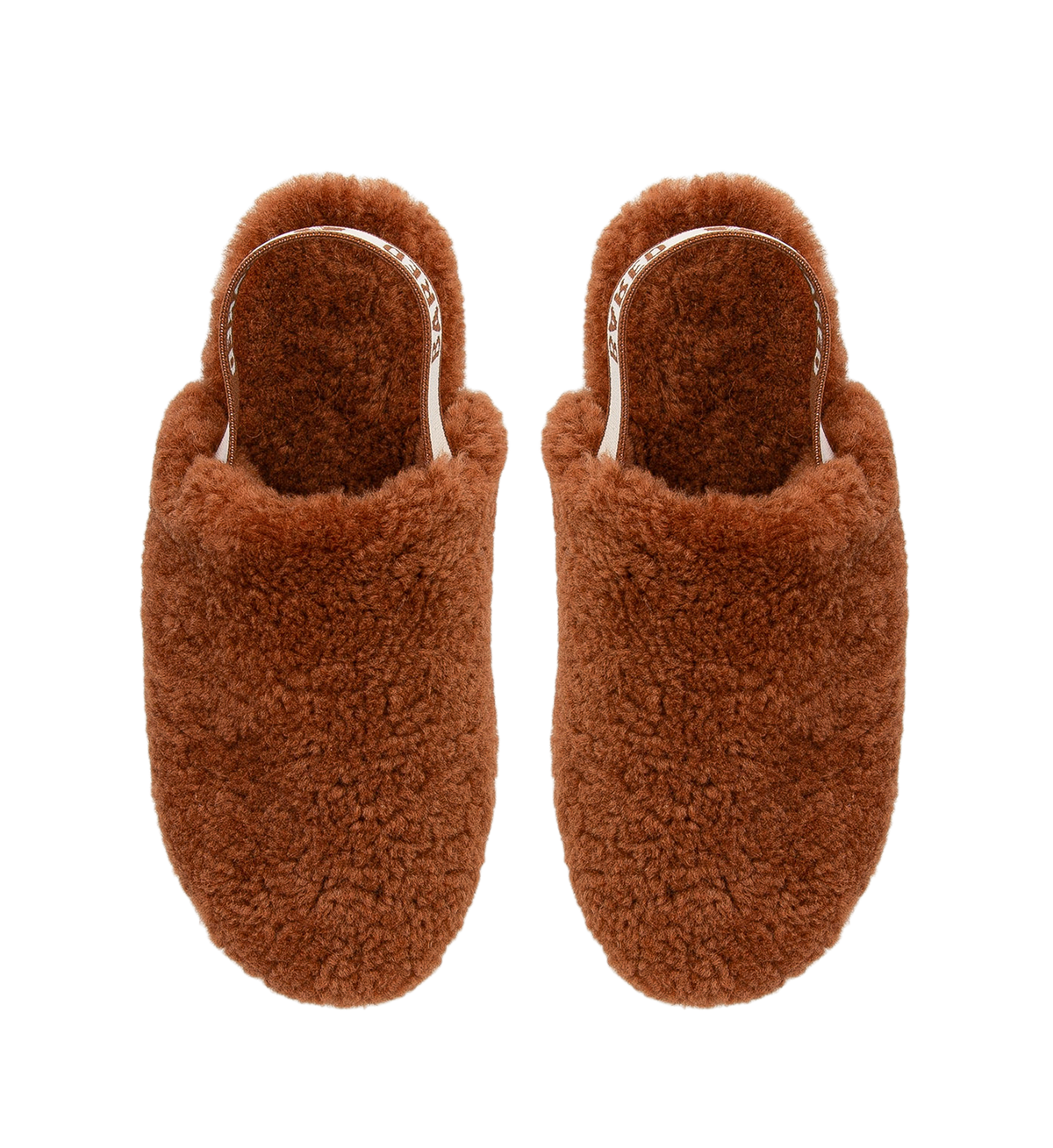 pair of bared footwear premium sheepskin slippers in terracotta with slingback strap