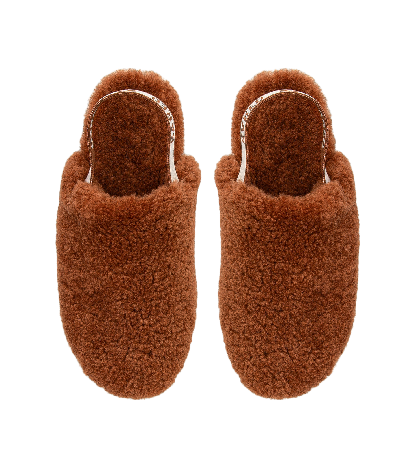 pair of bared footwear premium sheepskin slippers in terracotta with slingback strap