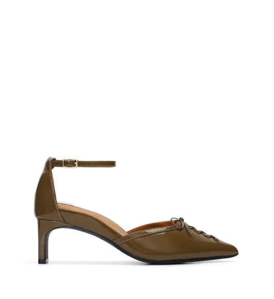 Bared Footwear Olive Green Patent Leather high-heeled shoe on a white background