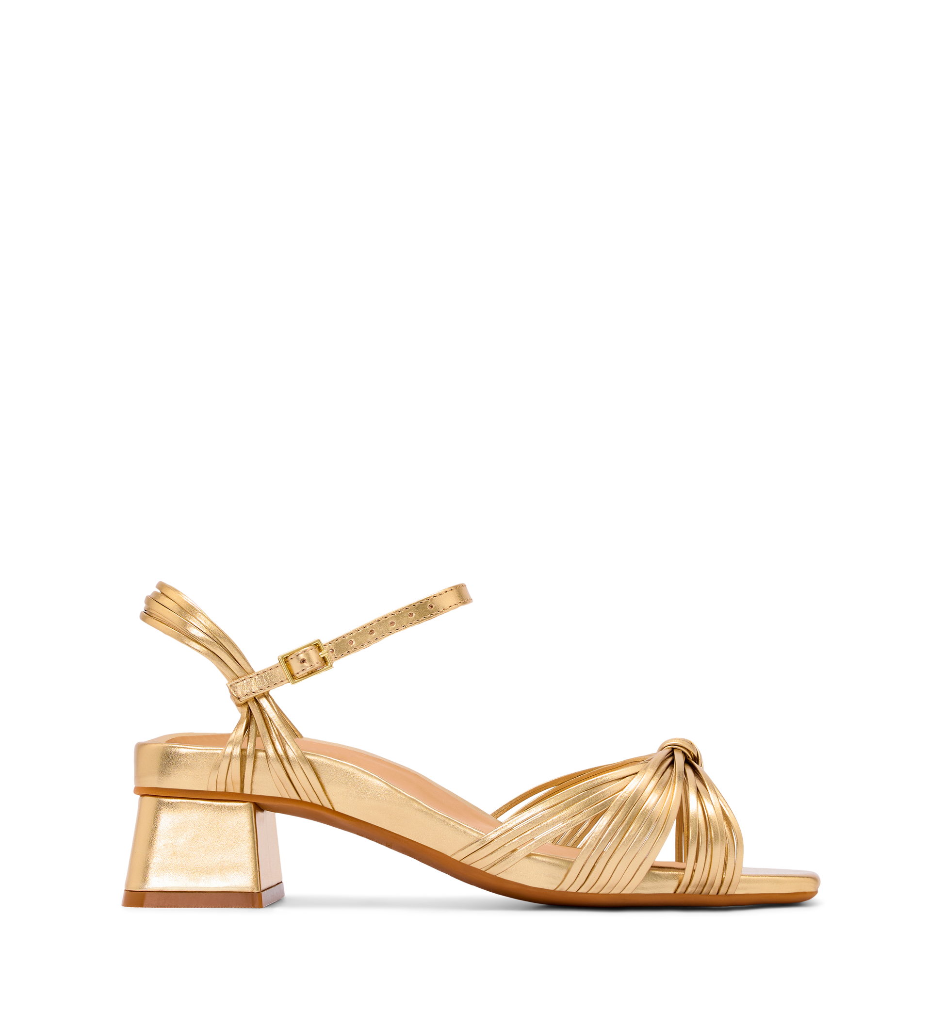 A gold leather low heel sandal with an ankle strap and a chunky heel.