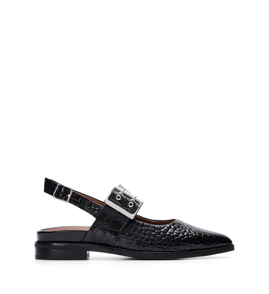 A comfortabble black croc emboss leather flat with two adjustable straps and a silver buckle closure.