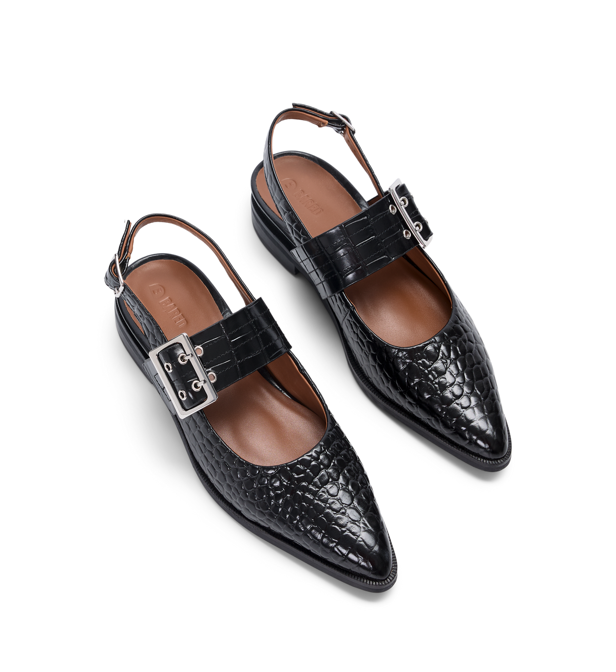Sunbeam Black Croc Emboss Leather Flats with slingback strap.
